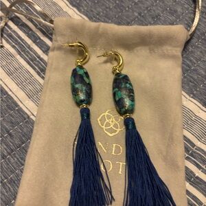 Elegant Blue and Gold Tassel Earrings with Gemstones
